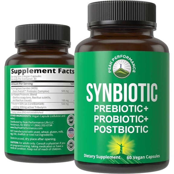 Synbiotic = Prebiotic + Probiotic + Postbiotic 3-in-1 Supplement with Clinically Tested Ingredients. Pre And Probiotics Plus Important Tributyrin Postbiotics For Gut. Vegan Capsules For Women + Men