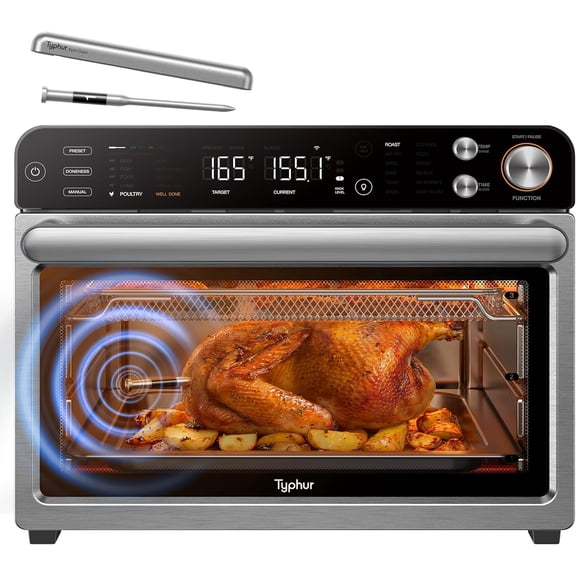Sync Oven with Smart AI Wireless Meat Thermometer Probe, 12in1 Countertop Air Fryer Toaster Oven Combo, 360 Turbo Convection, Dehydrator, Recipe & 5 Accessories, Large 27QT, Stainless Steel