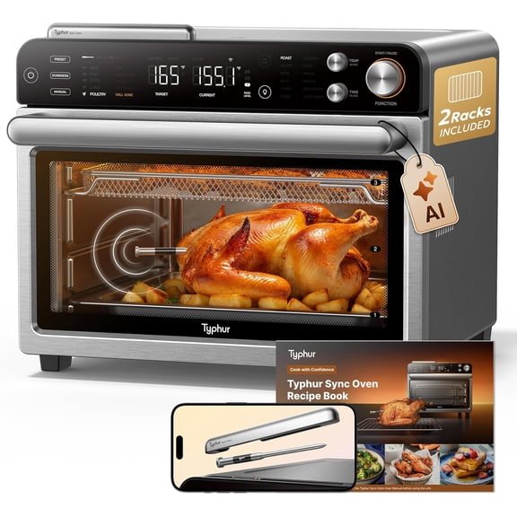 Sync Oven with Smart Wireless Meat Thermometer Probe, 12in1 Countertop Airfryer Toaster Combo, 360 Turbo Convection, Dehydrator, Recipes & 5 Accessories, Large 27QT Extra Wire Rack