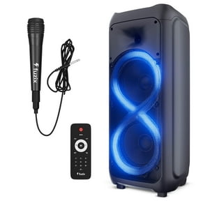 Sync Portable Rechargeable Karaoke Bluetooth Wireless Audio Speaker by Fuzix - With Built-in FM Radio, SD Input, USB Port, LED Lights, Mic and Remote Control Card