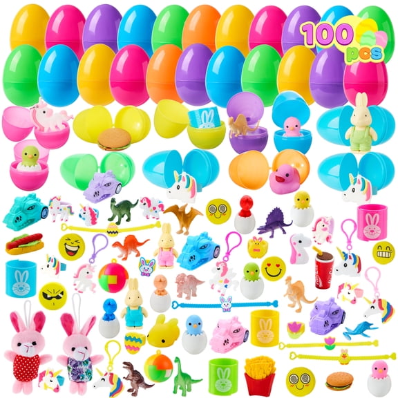 Joyfy 100 Pack Toys Bulk Stuffed Easter Eggs with Easter Stickers and Toys Inside for Easter Hunts Basket Stuffers Easter Party Favor Surprise Gifts