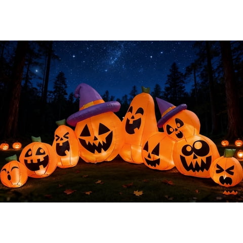 Joyfy 12.5 FT Halloween Inflatable Long Pumpkin with Witch Hat Decorations Inflatables with Build-in LEDs,Halloween Decor Outdoor Blow Up Yard Decorations