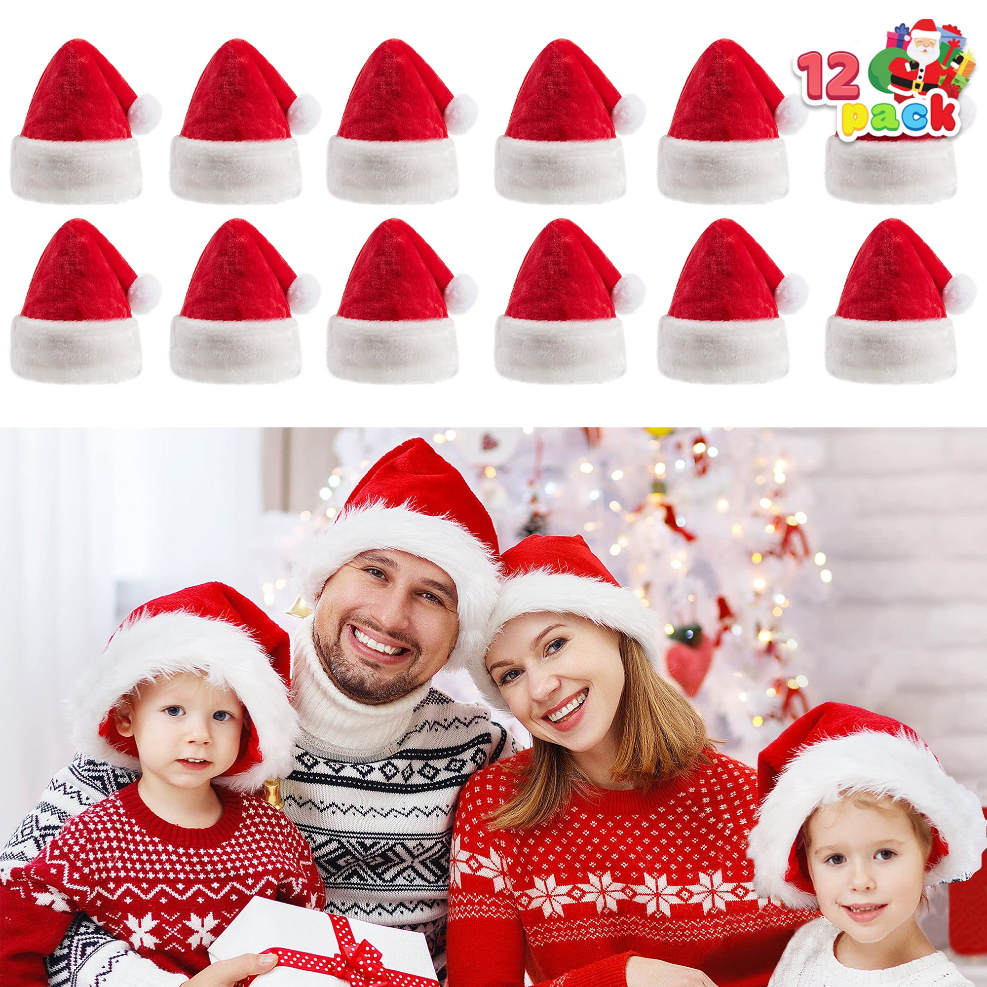 Syncfun 12 Pack Santa Hat,12.5 x 20 Inch Santa Hats for Adults Christmas Hats Plush Red Velvet Santa Hats Bulk for Adults Men Women Kids Christmas Party Favors Holiday Props