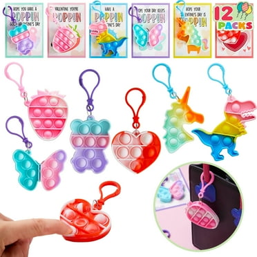 Joyfy 12 Packs Valentines Day Cards with pop Fidget Keychains Toys, Fidget Valentines Day Cards for Kids School Classroom Exchange Card Gifts