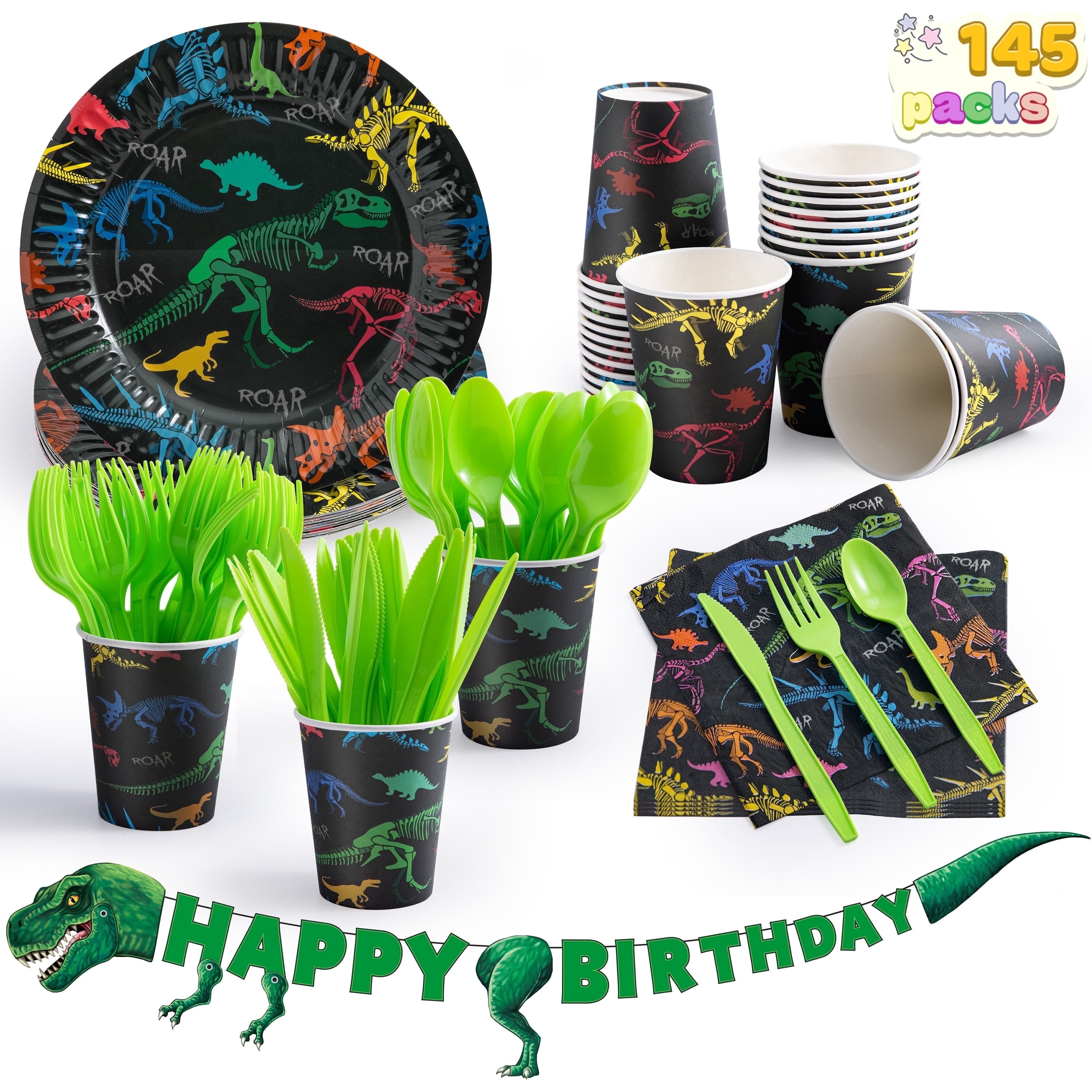 Joyfy Dinosaur Party Supplies Set with T-Rex Banner for Kids Ages 2 to ...