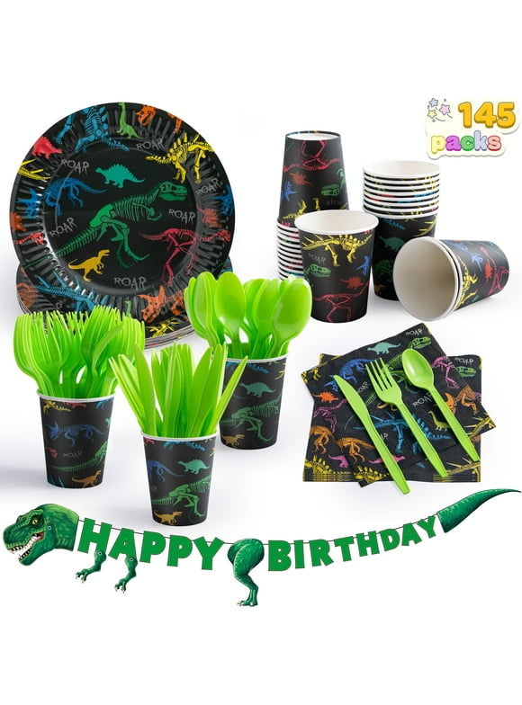 Syncfun 145 Pcs Dinosaur Birthday Party Supplies with Trex Banner, 24 Serves Disposable Tableware Set for Dinosaur Themes Party Kids 2 3 4 5 6 7 8 Years