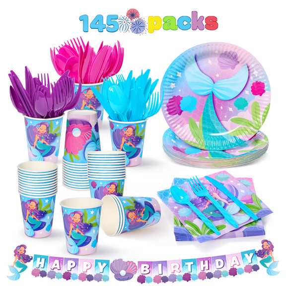 Joyfy 145 Pcs Mermaid Party Supplies for Kids Birthday with Banner 24 Serves Disposable Tableware Set with Plates, Cups, Napkins & Cutlery, Mermaid Birthday Party Decoration for Girls