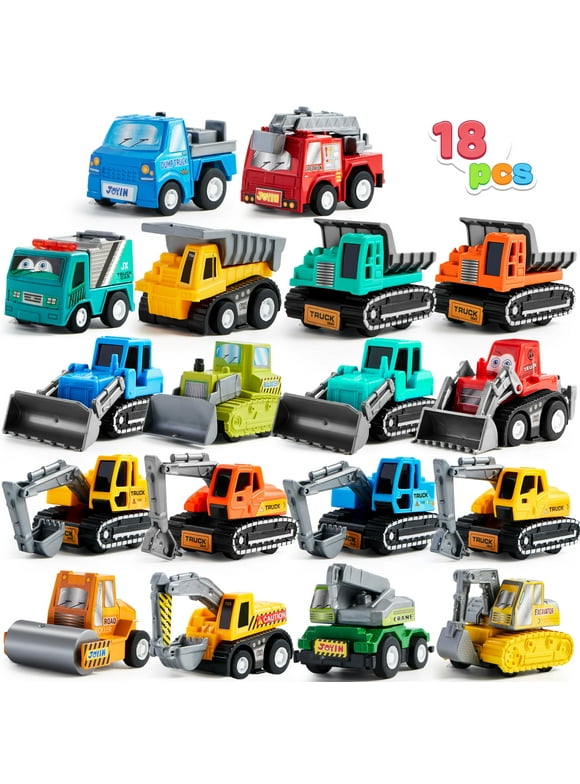 Syncfun 18 Pcs Toy Cars for kids, Friction Pull Back Play Vehicle Set, Mini Excavator Toy Trucks for Boys 3-6 Years