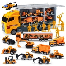Syncfun 19 in 1 Die-cast Construction Toy Truck with Little Figures, Mini Construction Vehicles in Big Carrier Truck, Patrol Rescue Helicopter for Boys Aged 3+