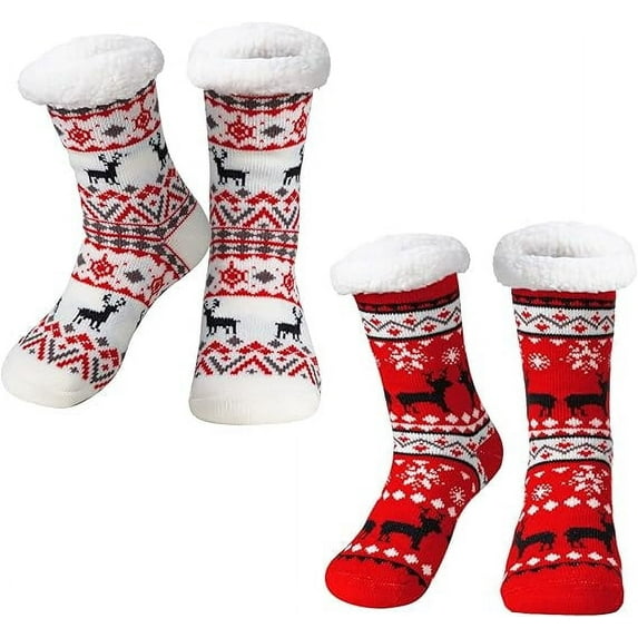 Joyfy 2 Pack Christmas Socks Fuzzy Socks for Women,Comfy Crew Fuzzy Sock Slippers for Women Adults,Christmas Gifts for Women