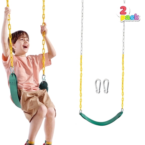 Joyfy 2 Pack 5.5" Wide Heavy Duty Swing Set for Kids, Support 250lb Backyard Playground Swing Seat Accessories with 66" Chain, Outdoor Play Set, Green