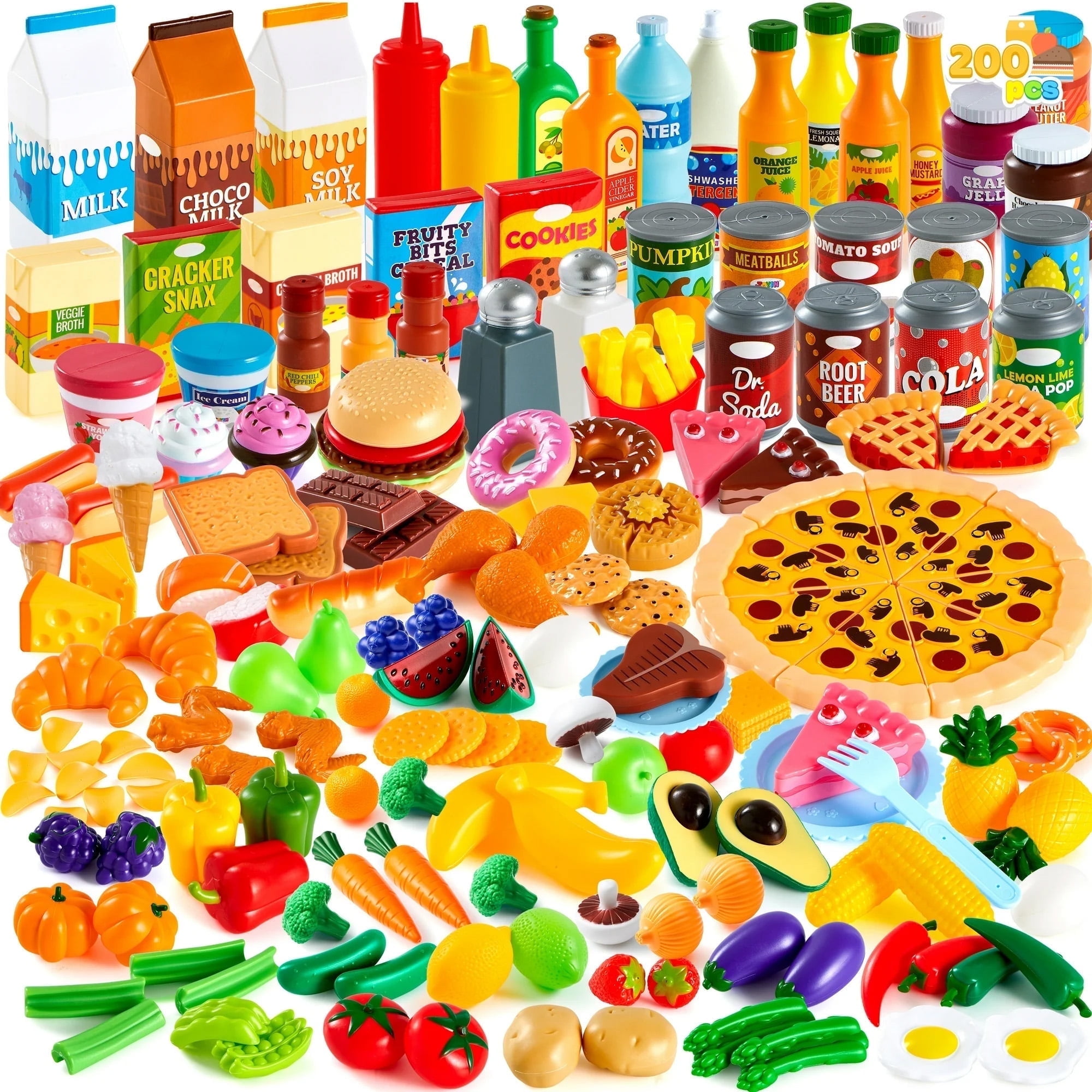 Joyfy 200 Pcs Play Food Set for Kids Kitchen, Pretend Play Food Set, Toy Food Play Kitchen Accessories with Realistic Colors