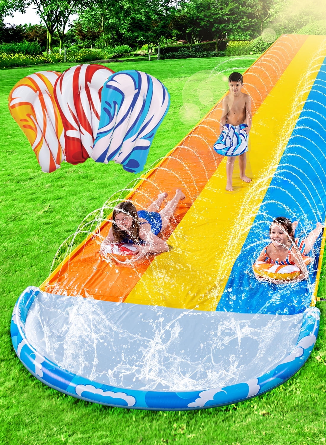 Joyfy 22.5ft Triple Water Slide and 3 Inflatable Boards, Backyard Summer Lawn Water Slides Waterslide and Slip Sprinkler Water Toy for Kids Adults Outdoor Fun