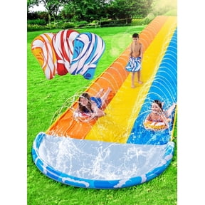 Joyfy 22.5ft Triple Water Slide and 3 Inflatable Boards, Backyard Summer Lawn Water Slides Waterslide and Slip Sprinkler Water Toy for Kids Adults Outdoor Fun
