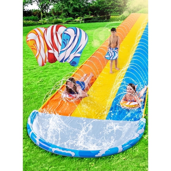 Joyfy 22.5ft Triple Water Slide and 3 Inflatable Boards, Backyard Summer Lawn Water Slides Waterslide and Slip Sprinkler Water Toy for Kids Adults Outdoor Fun