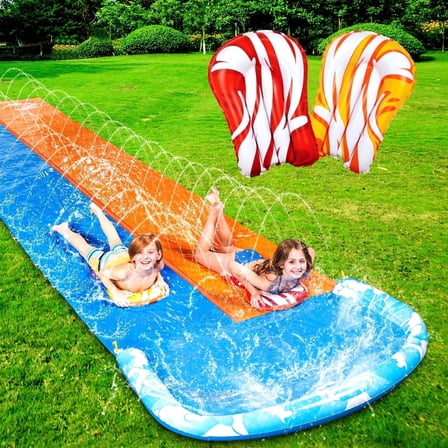 Joyfy 22.5ft Water Slides and 2 Bodyboards, Lawn Backyard Waterslides Water Toy with Build Sprinkler for Kids Outdoor Water Fun