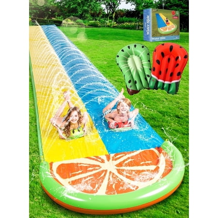 Joyfy 22.5ft Water Slides with 2 Boards, 2 Sliding Racing Lanes and Sprinklers, Backyard Outdoor Lawn Summer Toy, Fruit