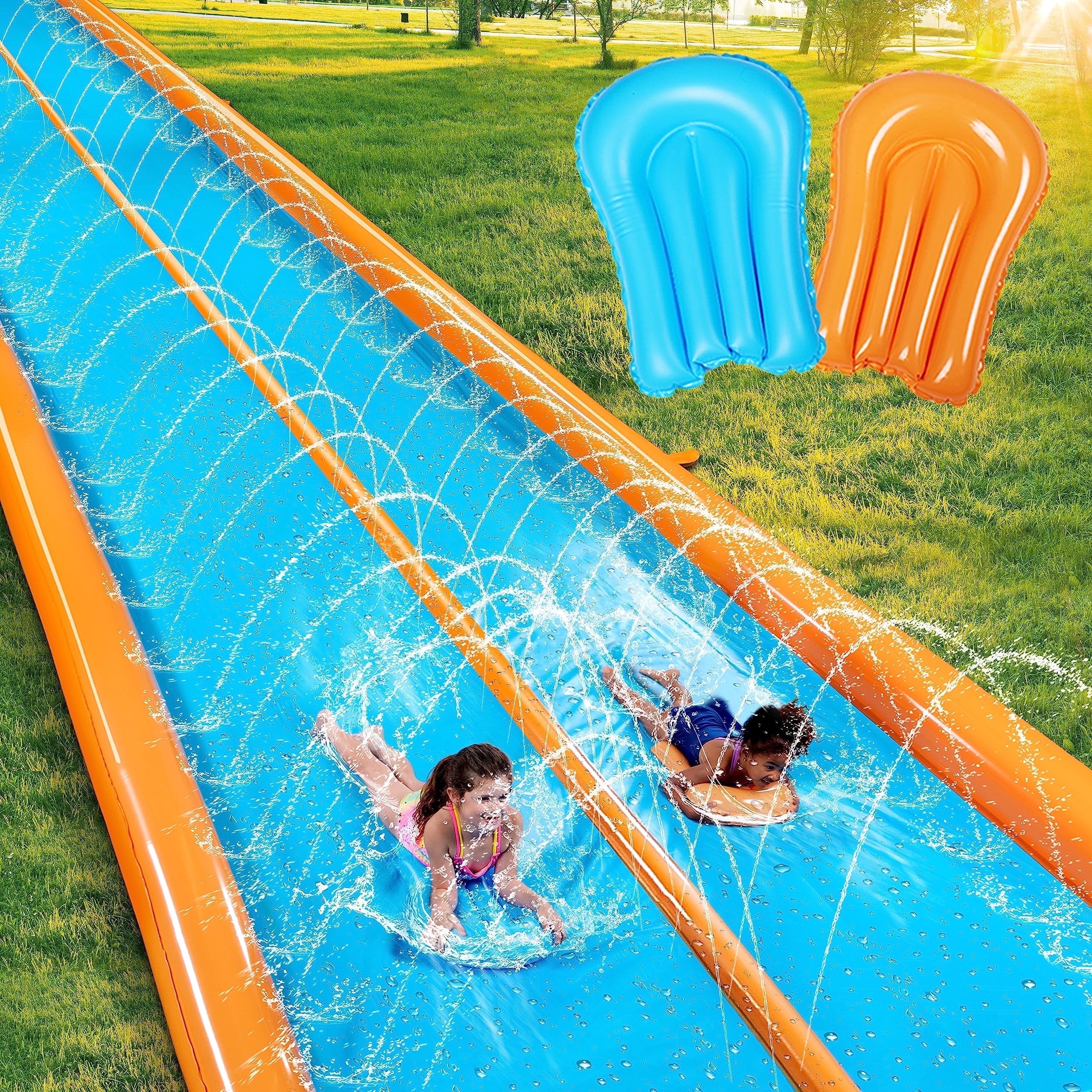 Joyfy 25ft x 6ft Double Water Slide for Kids, Heavy Duty Lawn Water Slide with Sprinkler and 2 Slip Inflatable Boards for Summer Yard Lawn Outdoor Water Play Activities