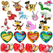 Joyfy 26 Packs Heart Shape Prefilled Animal Building Blocks With Valentines Cards for Party Supplies,Valentine Heart Set for Kid Gifts