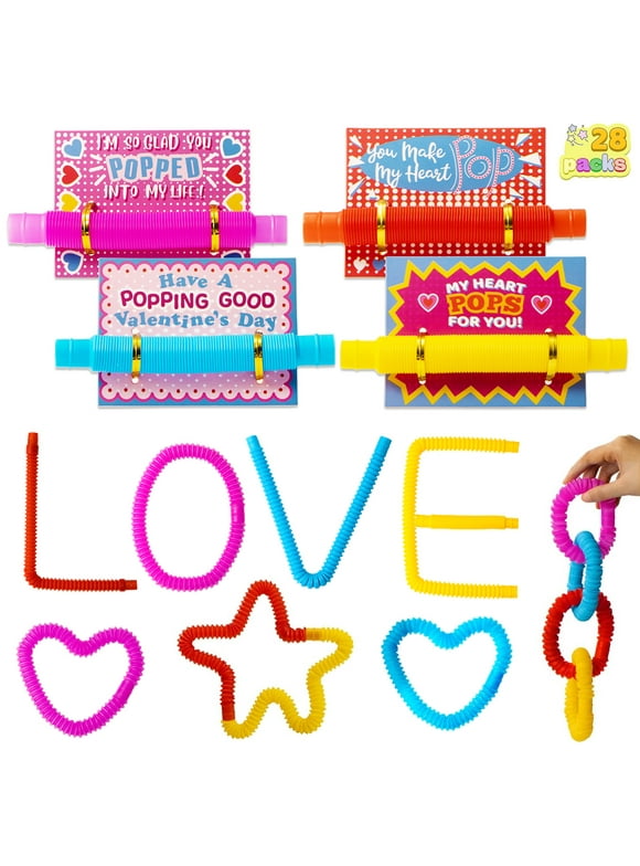 Syncfun 28 Packs Valentines Cards with Pop Tubes for Kids, Stress Relief Fidget Sensory Toys, Valentines School Class Exchange Gifts for 2 to 8 Years