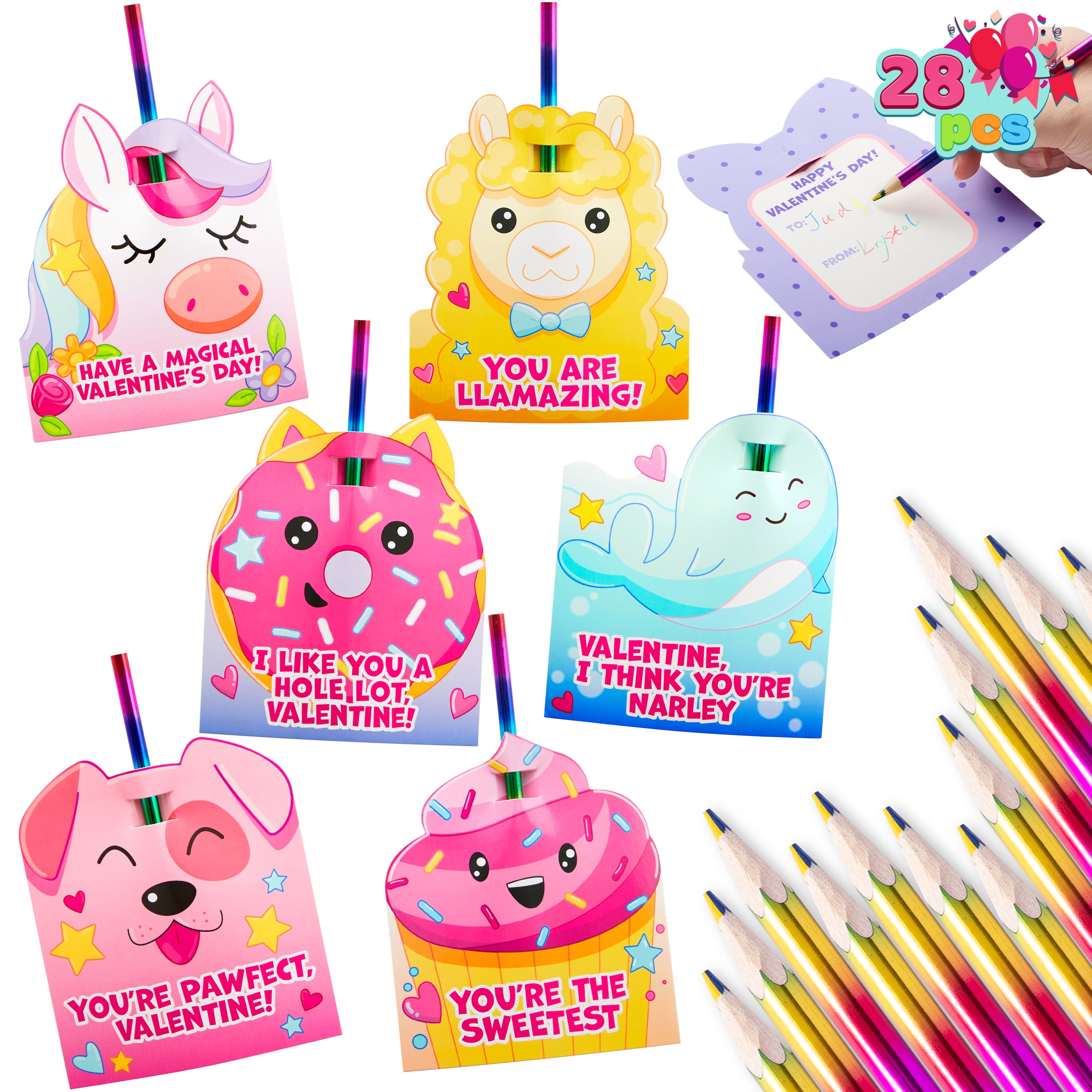 Syncfun 28 Pcs Valentine Day Pencils for Kids with Cards Unicorn