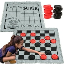 Syncfun 3 in 1 Vintage Giant Checkers, Tic Tac Toe Game with Reversible Mat, 24 Chips, Family Board Free Game, Lawn Game, Indoor and Outdoor Activity for Kids and Adults