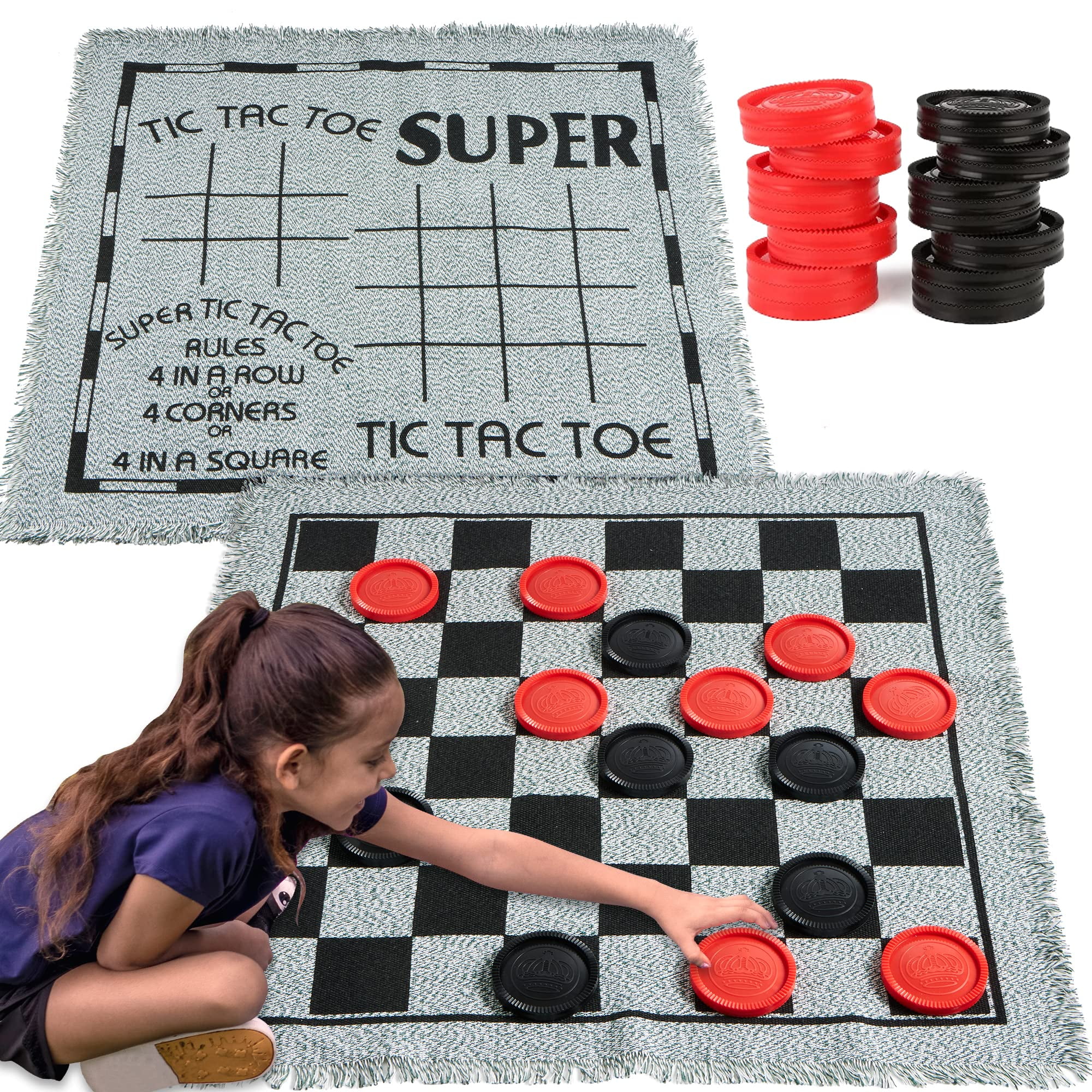 SYNCFUN 3 in 1 Vintage Giant Checkers, Tic Tac Toe Game with Reversible Mat, 24 Chips, Family ...