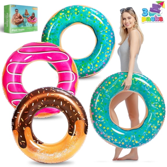 Joyfy 3 Packs 32.5'' Donuts with Glitters Pool Floats for Kids and Adults, Swim Tube Pool Rings Funny Tube Toys for Swimming Pool Party Decorations