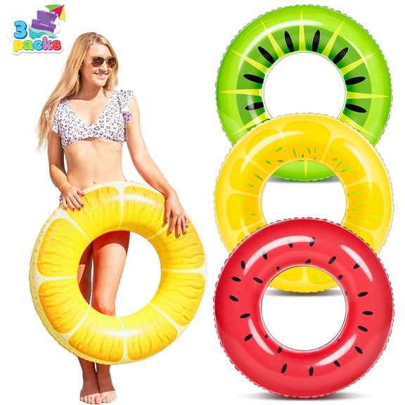 Joyfy 3 Packs 32.5'' Inflatable Pool Floats for Kids Adults, Fruits Swim Tube Pool Rings Swimming Rings Floaties for Swimming Pool Party Decorations