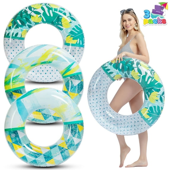 Joyfy 3 Packs 32.5'' Inflatable Swim Tube Pool Float with Glitters for Kids Adults Age 9 & up