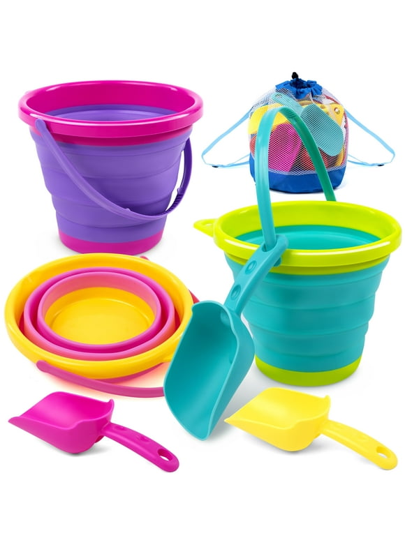 Syncfun 3 Packs Collapsible Bucket with Shovels & Mesh Bag, Multi-Purpose Kids sand toys for Beach, Camping Gear, Beach Parties, and Fun Summer Activities