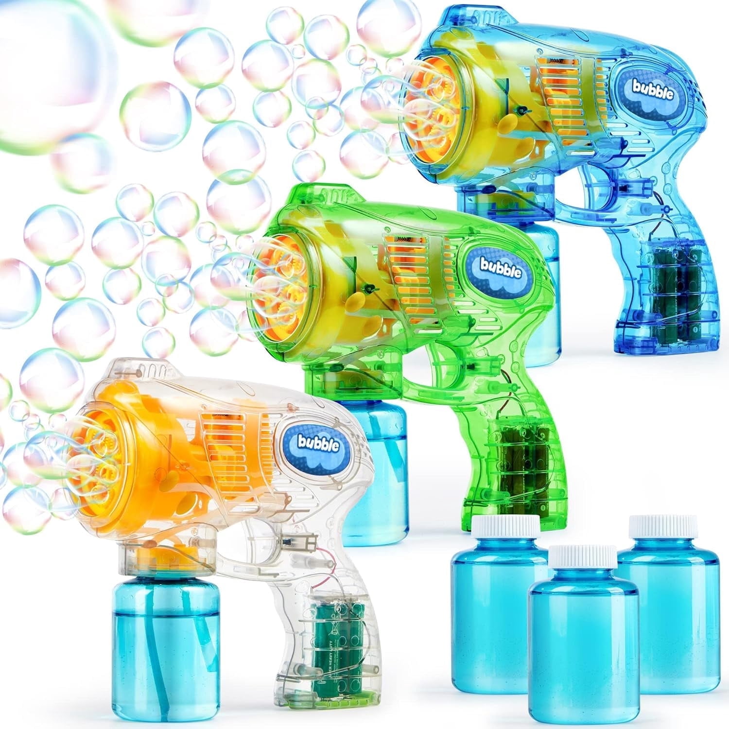 SYNCFUN Bubble Guns for Kids (3-Pack) – Transparent Bubble Blasters with 3 Bottles of Solution, Easter Basket Stuffers & Outdoor Toys