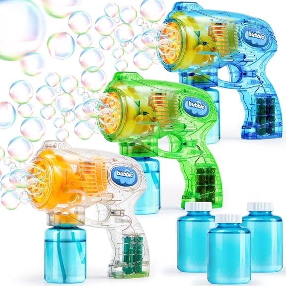 SYNCFUN Bubble Guns for Kids (3-Pack) – Transparent Bubble Blasters with 3 Bottles of Solution, Easter Basket Stuffers & Outdoor Toys