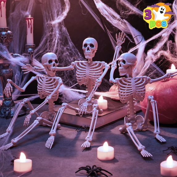 Joyfy 3 Pcs Skeleton Halloween Decorations,16 Inch Full Body Poseable Skeleton with Movable Joints for Halloween Indoor Outdoor Party,Graveyard,Haunted House Accessories