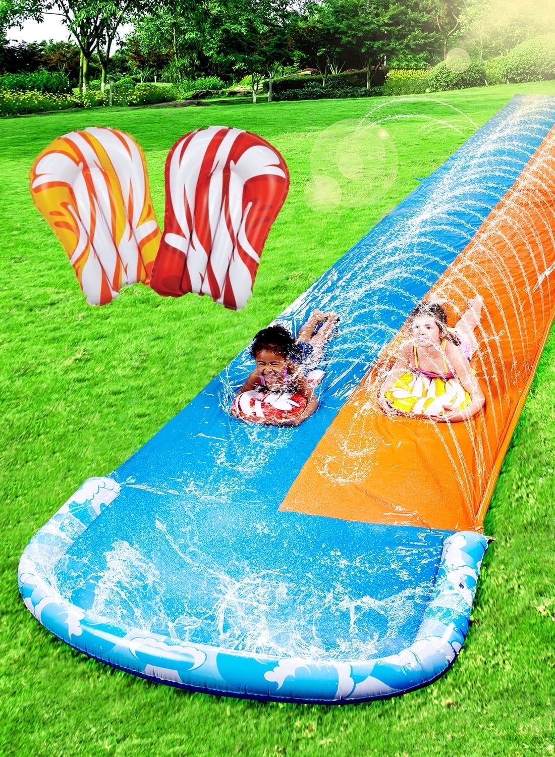 Joyfy 32.5ft Extra Long Water Slide and 2 Inflatable Boards, Heavy Duty Lawn Water Slides 2 Waterslide Slip with Sprinkler for Kids Adults