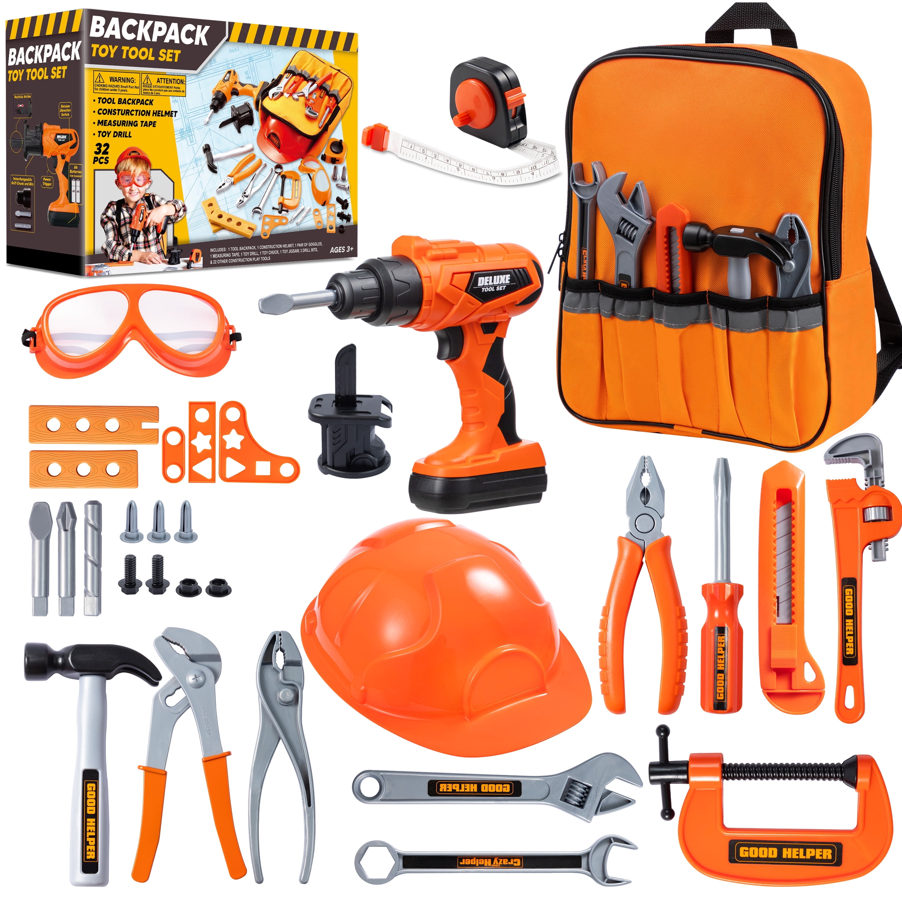 Joyfy 32Pcs Kids Tool Set, Toy Drill with Replaceable Bits, Helmet