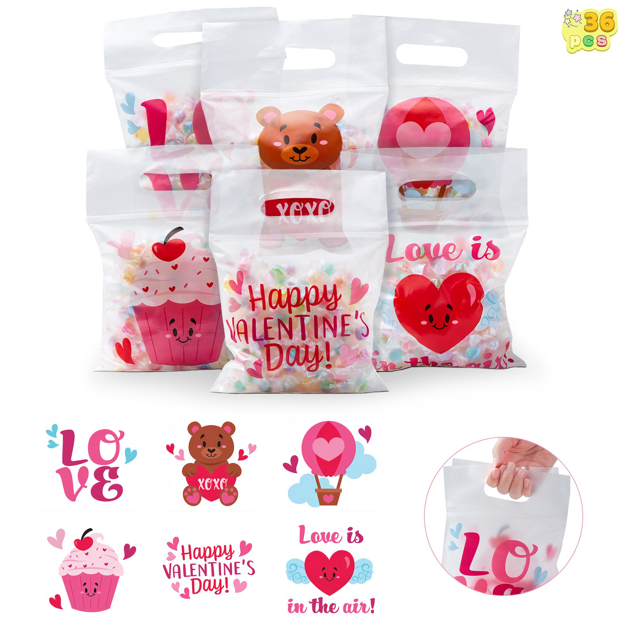 SYNCFUN 36 Pcs Valentine's Day Cellophane Heart Bags, Candy Treat Gift