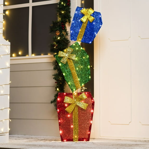 Joyfy 4 FT Gift Boxes Yard Light Christmas Outdoor Decorations,60 Pre-Lit LED Stacked Gift Boxes Christmas Decorations,Christmas Yard Light with Stakes Decorations Outdoor Holiday Decor