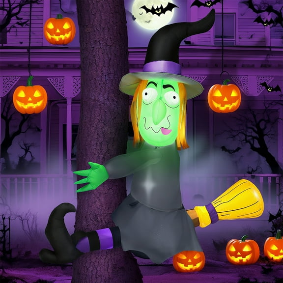 Joyfy 4 FT Halloween Inflatable Outdoor Witch Crashing Into Tree Decorations Blow Up Inflatables Halloween Yard Decorations