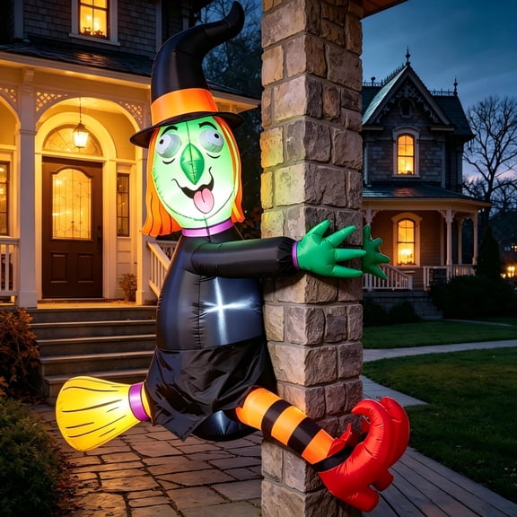 Joyfy 4 FT Halloween Inflatables Witch Crashing Into Tree,LED Lighted Blow Up Yard Decoration for Outdoor Garden Lawn Party Decor