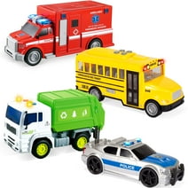 Syncfun 4 Pcs 7" Long Vehicle Toy Set, Toddlers Cars with Lights and Siren Sound, Including Play Police Car, School Bus, Toy Garbage Truck, Ambulance Toy, Birthday Party Gifts Toys for Boys 3-6