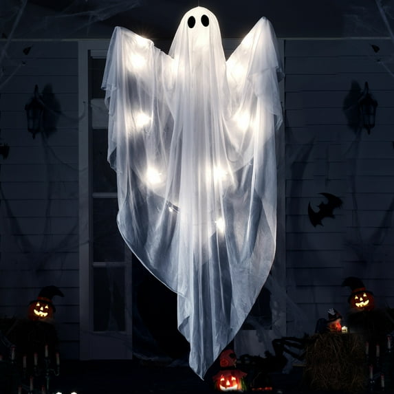 Joyfy 47 Inch Hanging Ghosts Halloween Decor,Halloween Light up White Ghosts with Spooky White LED Light,Halloween Outdoor Yard Porch Decorations,Haunted House Decorations