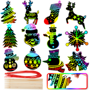 Syncfun 72 Pcs Christmas Scratch Art Ornaments, Rainbow Color Scratch Paper Craft Kit Include Snowman, Christmas Tree,and Reindeer, Scratch Off Hanging Ornament for Kids Christmas Party Favor