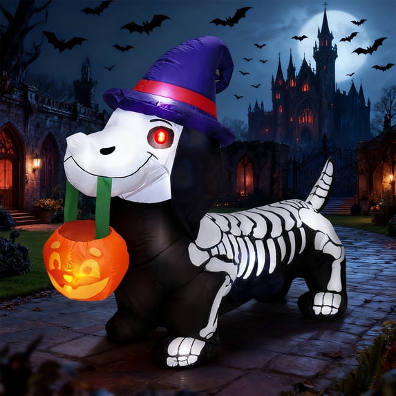 Joyfy 5 FT Halloween Inflatables Light up Pumpkin Skeleton Wiener Dog Long Halloween Inflatables Outdoor Decorations,Blow up Halloween Yard Decorations