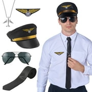Syncfun 5 Pcs Halloween Pilot Captain Costume Accessories Set with Aviator Sunglasses,Tie,Pilot Hat,Wings Patch and Necklace,Cosplay Accessories for Kids and Adults Dress Up