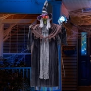 Syncfun 59 Inch Animated Halloween Witch Decoration,Outdoor Light Up Talking Witch Halloween Hanging Witch with Skeleton Wand Decoration for Halloween Outdoor D
