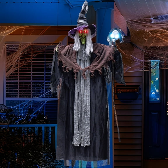 Syncfun 59 Inch Animated Halloween Witch Decoration,Outdoor Light Up Talking Witch Halloween Hanging Witch with Skeleton Wand Decoration for Halloween Outdoor Decor