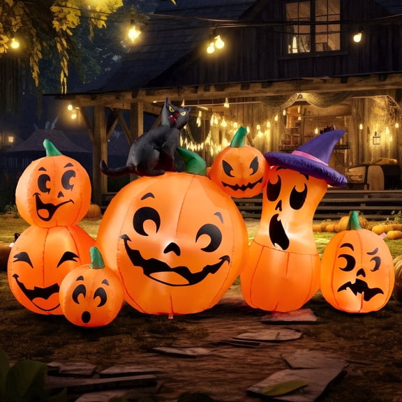 Joyfy 6 ft Long Halloween Inflatable Pumpkin Outdoor Decorations with Build-in LEDs,7 Pcs Pumpkin Blow Up Yard Decorations,Inflatable Pumpkin for Outside with Witch's Cat for Halloween Yard Decoratio