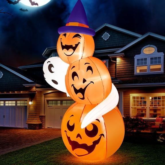Joyfy 6 FT Halloween Inflatables Stacked Pumpkins and Ghost with Build-in LEDs for Porch,Halloween Pumpkin Decor Blow up Yard Decorations