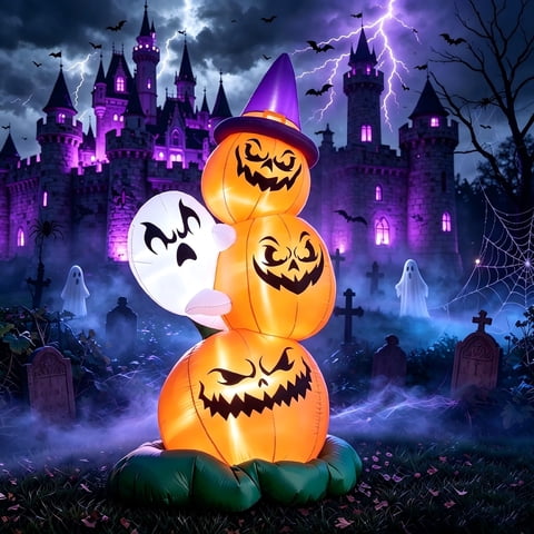 Joyfy 6 FT Halloween Inflatables Stacked Pumpkins and Ghost with Build-in LEDs for Porch,Halloween Pumpkin Decor Blow up Yard Decorations